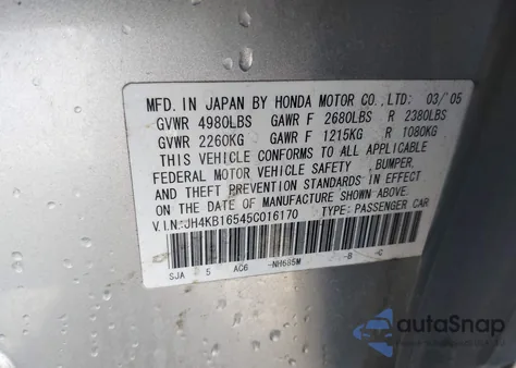 2005 Acura Rl 3.5 z USA, uszkodzony, nr VIN JH4KB16545C016170